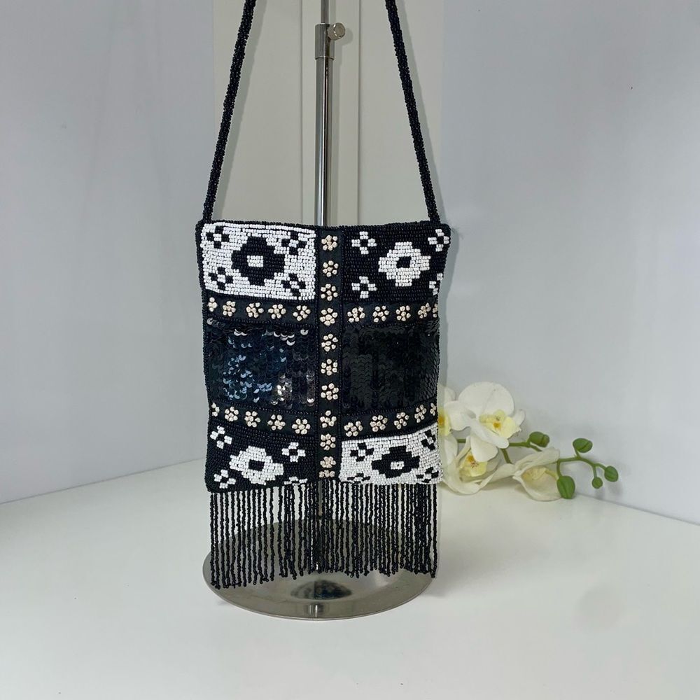Elegant Black and White Beaded Fringe Bag